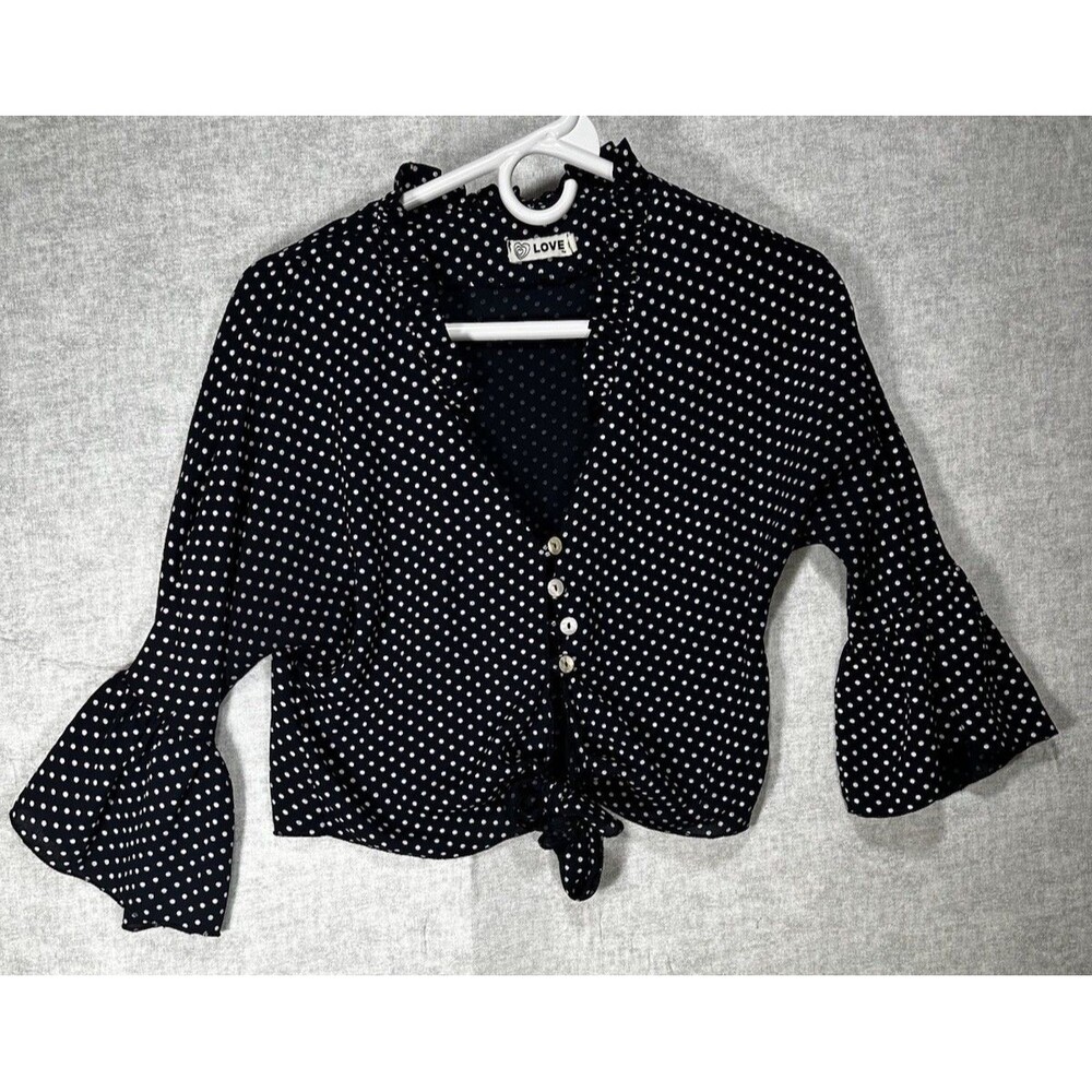 Navy White Polka Dot Crop Blouse Button Front Women’s Size XS Retro Cottage
